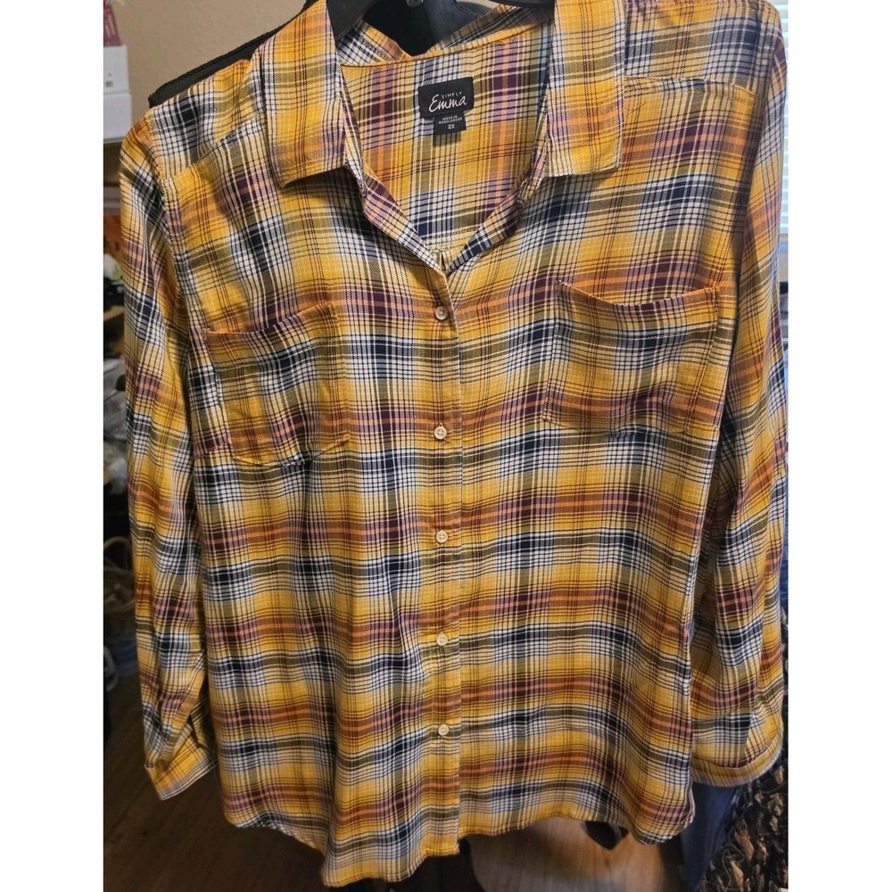 Simply Emma Womens Yellow Plaid Button Down Rayonlong Sleeves Blouse Shirt 2X
